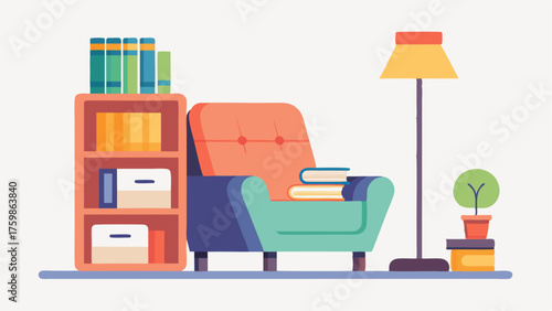 A cozy reading nook with a simple armchair a floor lamp and a stack of books on a white bookshelf.