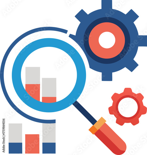 Gear with Search Magnifier Vector Icon on White Background – SEO Process, Optimization, Digital Marketing, Apps, Websites, and Analytics Tools