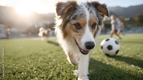 Playful dog runs towards a soccer ball in a sunny, vibrant outdoor setting with blurred background of people playing