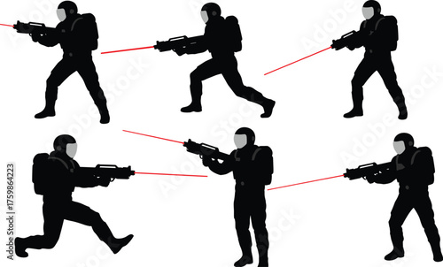 Futuristic Soldier Combat Silhouette Vector Set, Trooper with Laser Rifle Firing Poses, Sci-Fi Game Character Asset.