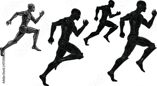Running Robot and Cyborg Silhouettes Vector Set, Dynamic Running Action Poses, Black and White Sprinting Characters.