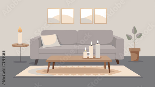 A cozy living room with a plush gray sofa a soft creamcolored rug and a wooden coffee table adorned with a few rustic candles.