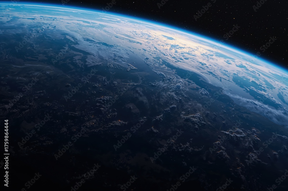 Fototapeta premium Glowing planet Earth floats in cosmic darkness, illuminated by sunlight and surrounded by stars