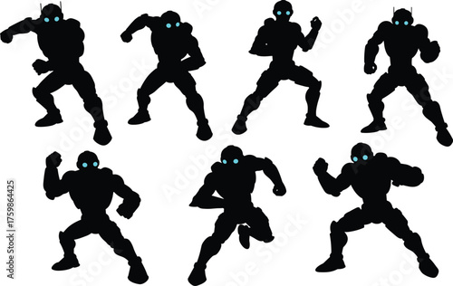 Aggressive Robot Combat Poses Sprite Sheet, Black Silhouette Sci-Fi Android Vector Character Design, Dynamic Villain AI Attack.