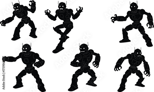 Aggressive Robot Combat Poses Sprite Sheet, Black Silhouette Sci-Fi Android Vector Character Design, Dynamic Villain AI Attack.