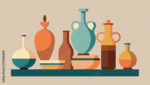 A collection of vintage ceramic vases of different shapes and sizes adorn a floating shelf.