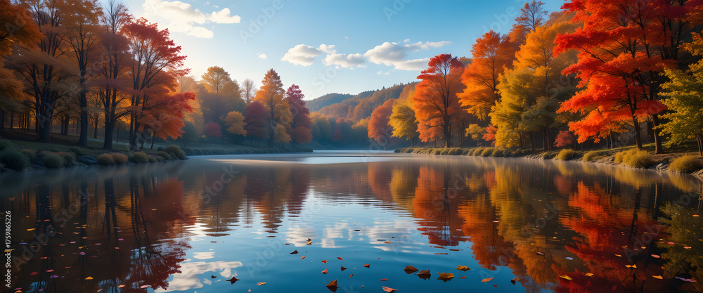 Naklejka premium Beautiful autumn landscape with colorful foliage in the park, calm lake reflecting orange and red maple trees, warm sunlight glimmering on the water surface