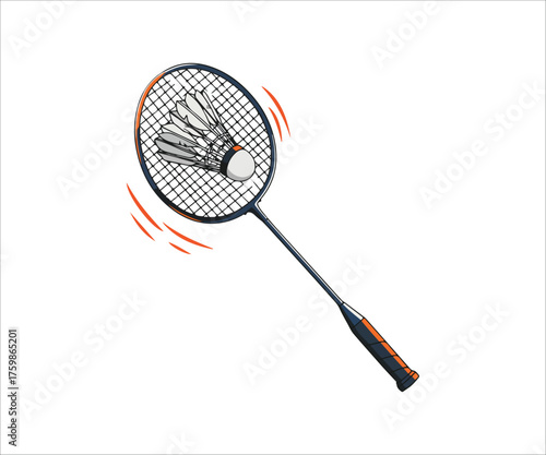 Badminton racket hitting shuttlecock with motion lines on a white background