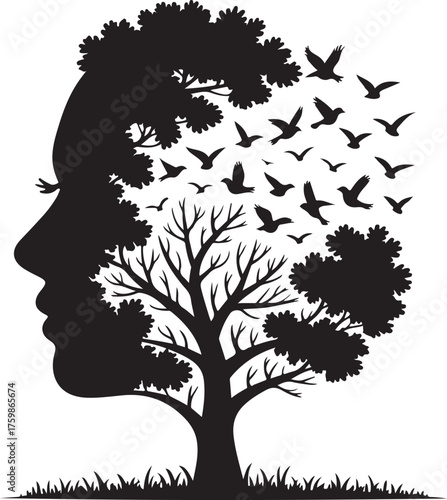 Human head transforming into a tree with birds flying away concept