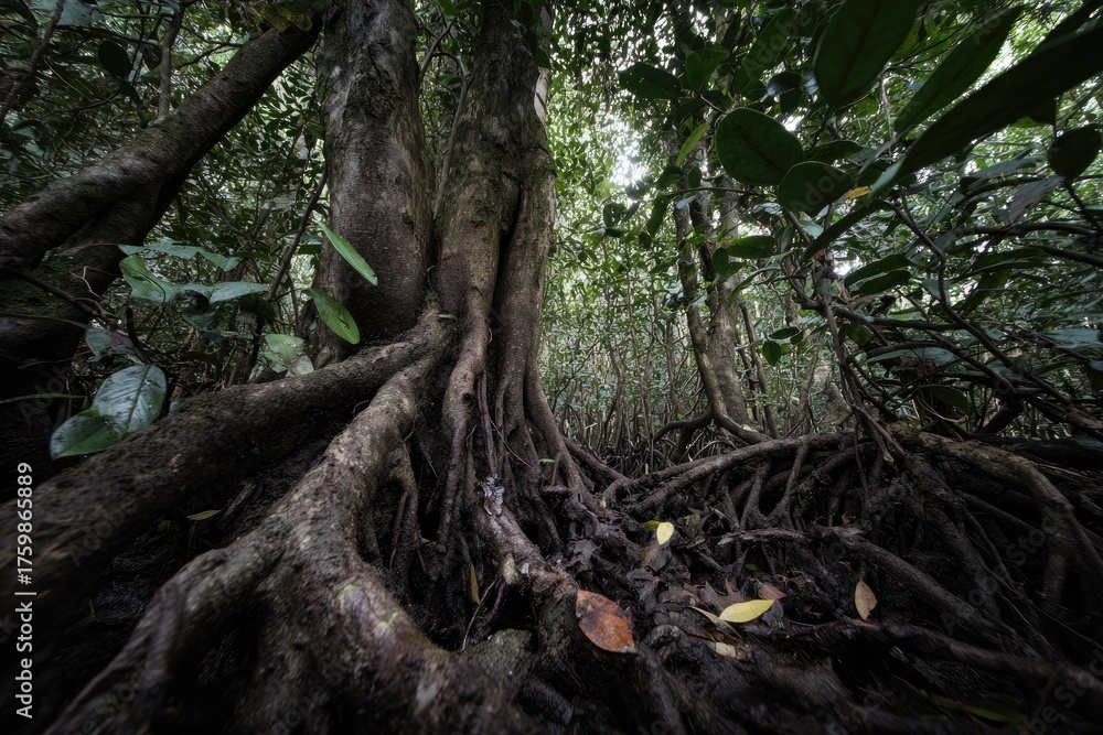 Obraz premium Intricate root system of a large tree in a dense, shadowy tropical jungle
