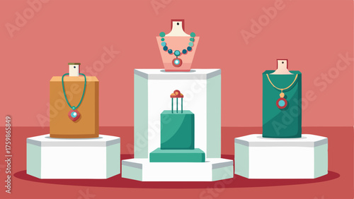 A display of handcrafted jewelry showcased on sleek minimalist pedestals.