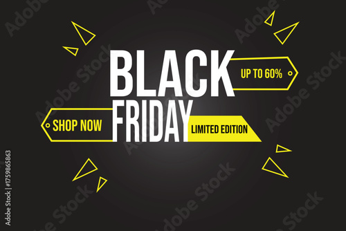 Flat design Black Friday illustration with bold text "Black Friday" on a dark background.The overall style is minimalist and eye catching using black,dark grey and yellow colors.