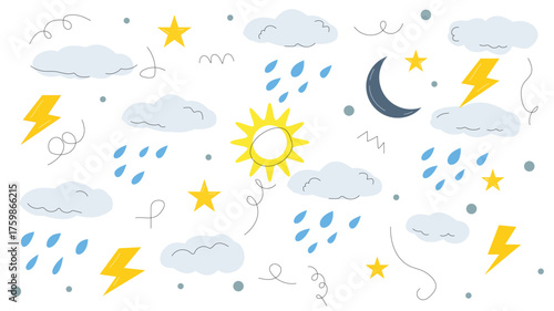 Weather elements pattern with sun, cloud, rain, and thunder illustration