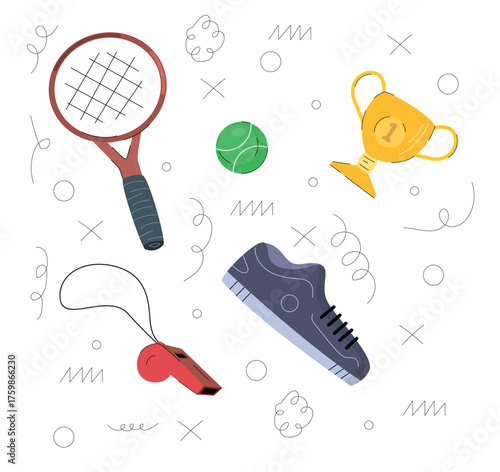 Cartoon tennis and sports equipment flat illustration