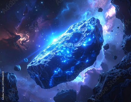 Glowing blue cosmic rock floats amongst space debris and nebulae