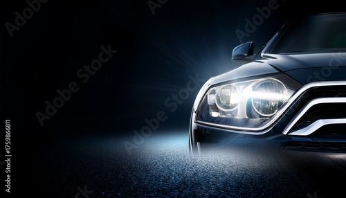 modern car headlight shining in the dark