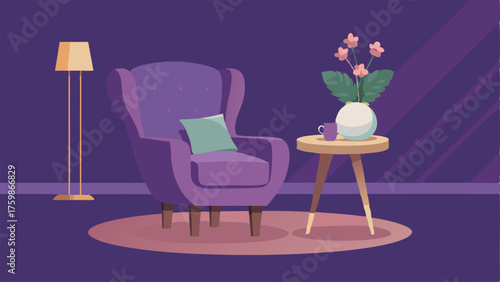 A cozy corner featuring a luxurious velvet armchair and a modern side table with a small vase of delicate flowers on top.