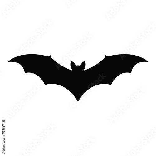 Silhouette of a black bat in flight against a white background