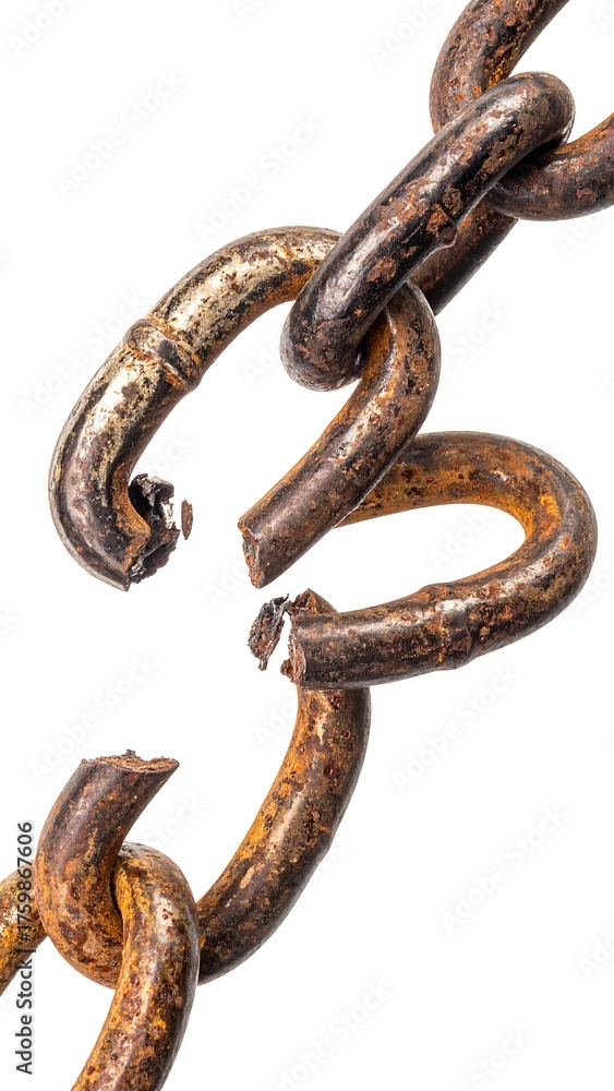 Obraz premium Close-up of a rusted, broken metal chain against a plain white background, emphasizing decay and fragility
