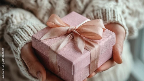 Close-up of Woman Holding a Pink Gift Box with Ribbon, Wearing a Cream Cable Knit Sweater, Presenting a Holiday Gift