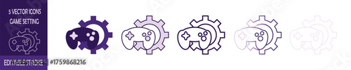 Set of 5 Game Setting with Gear Vector Icons with Editable Stroke on Transparent Background