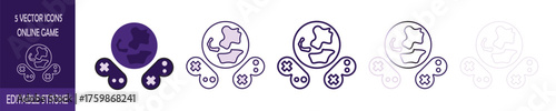 Set of 5 Online Game with Globe and Controller Vector Icons with Editable Stroke on Transparent Background