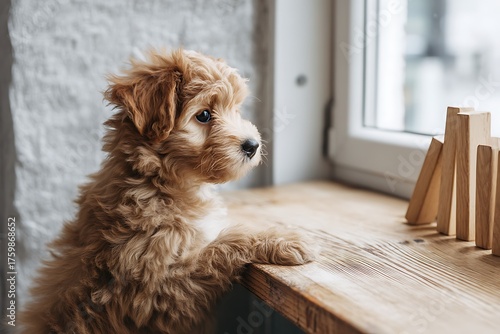 Adorable fluffy puppy looking out the window with curiosity while sitting on a wooden table in a cozy indoor setting