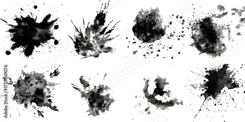 Abstract Black and White Ink Splats Creating a Grunge Effect. Transparent PNG available detailed ink splats Hyperrealistic Highly Detailed Isolated On Transparent Background	
