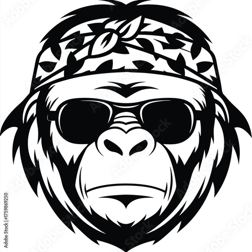 Monochrome gorilla wearing sunglasses and a floral bandana exudes calm coolness in an iconic portrayal
