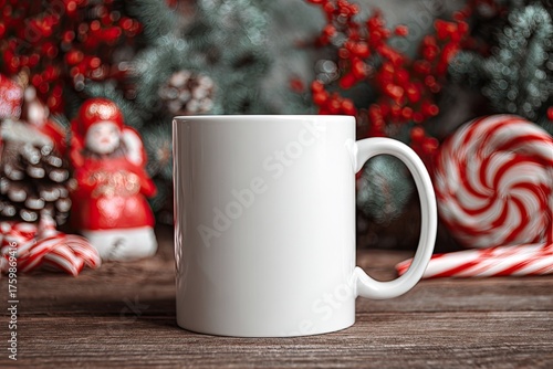 Wallpaper Mural Plain white mug on rustic wood, festive holiday decor with pine, berries, candy canes Torontodigital.ca