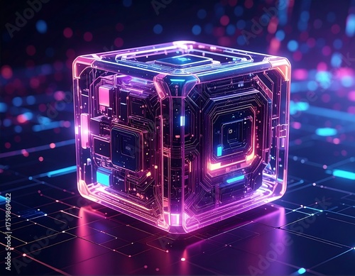 Glowing digital cube with intricate internal circuitry and data streaks