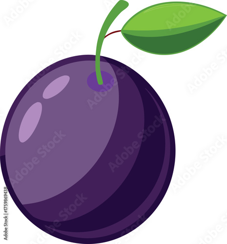 Vector art of a single ripe plum with a green stem and leaf, isolated on a