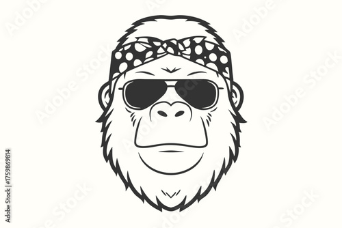 Monochrome gorilla face wears sunglasses and a polka dot bandana around its head
