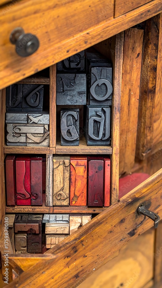 Fototapeta premium Close-up of an antique wooden letterpress type cabinet, filled with various letter blocks