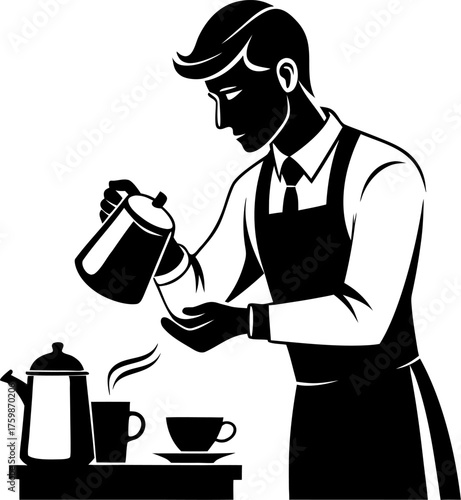 Barista pouring espresso into demitasse cup silhouette  vector black , white background 