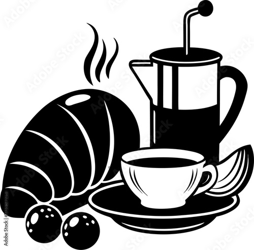  Espresso and croissant breakfast scene, vector style silhouette  vector black , white background