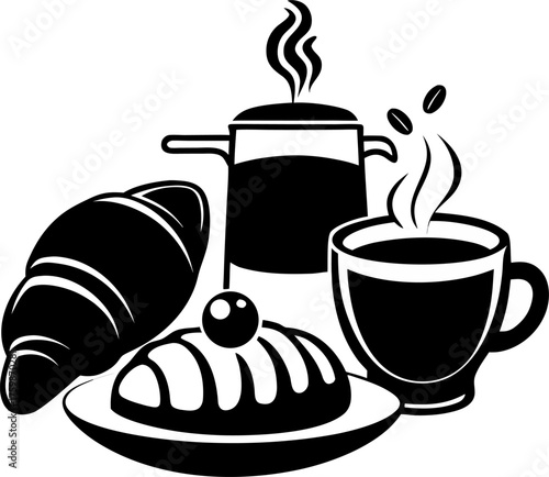  Espresso and croissant breakfast scene, vector style silhouette  vector black , white background