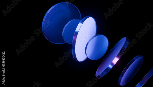 Series of blue glass lenses are arranged in floating sequence against black background, creating futuristic and abstract visual