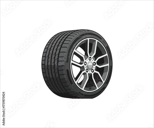 Car tire vector illustration with modern rim design on white background