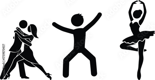 Pictogram dancer stick figure icon set. Black pictogram party dancing people, tango couple, ballet woman. Vector illustration