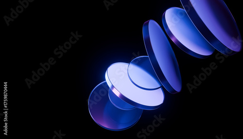 Foto Series of blue and purple glass lenses are arranged in vertical line against bla