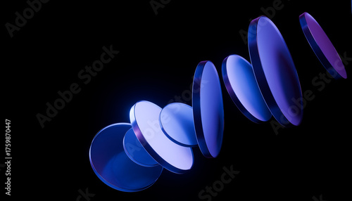 Abstract composition of blue and purple translucent discs floating against black background, creating futuristic and dynamic visual effect