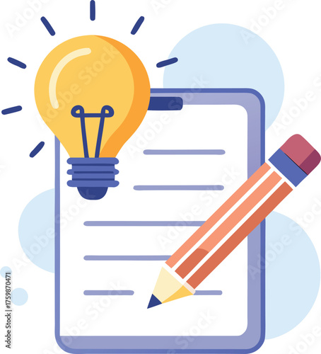 Notepad with Pencil and Glowing Lightbulb Vector Icon on White Background – Creative Planning, Idea Generation, and Productivity Concept