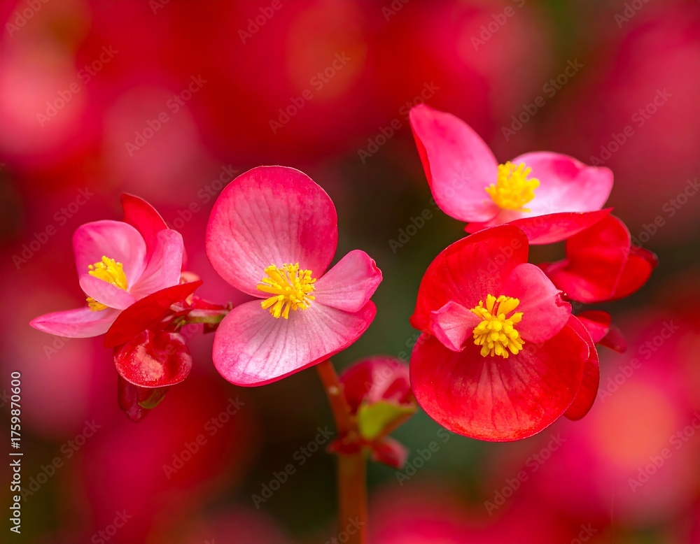 Fototapeta premium Close-up of vibrant pink and red begonia flowers with yellow centers against a blurred backdrop