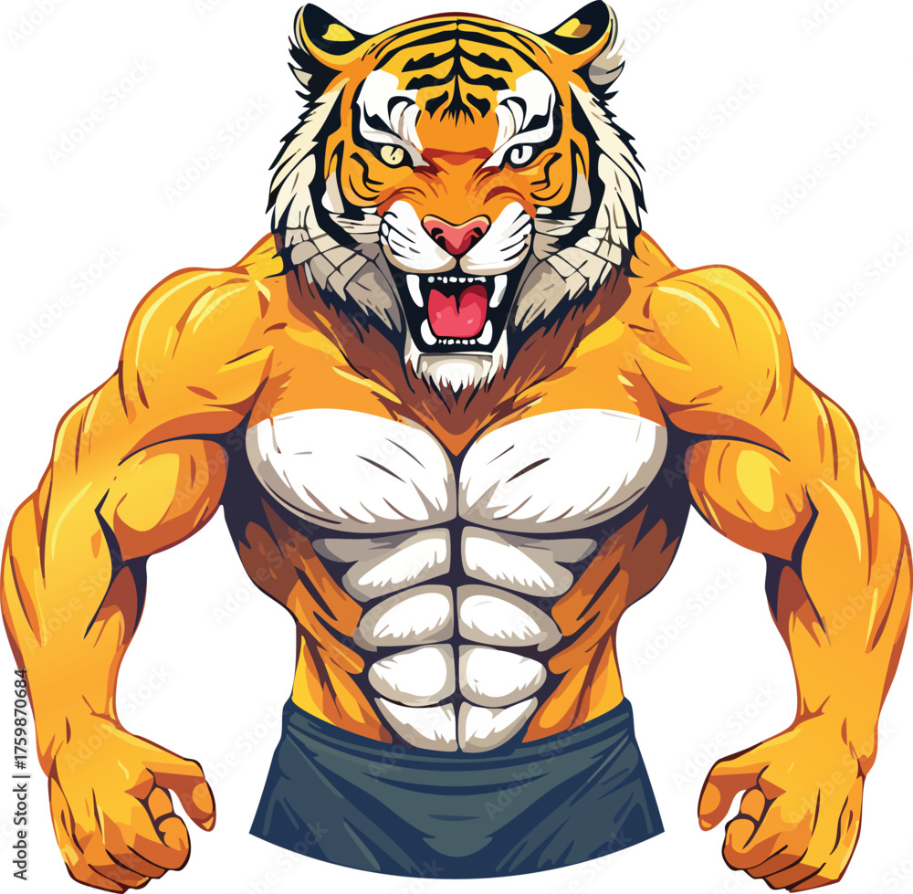 Fototapeta premium Muscular tiger mascot roaring, showing powerful chest and abs. Strong and athletic animal character in vector illustration. Transparent background EPS file. Ideal for e-sports, gym, fitness, or sports