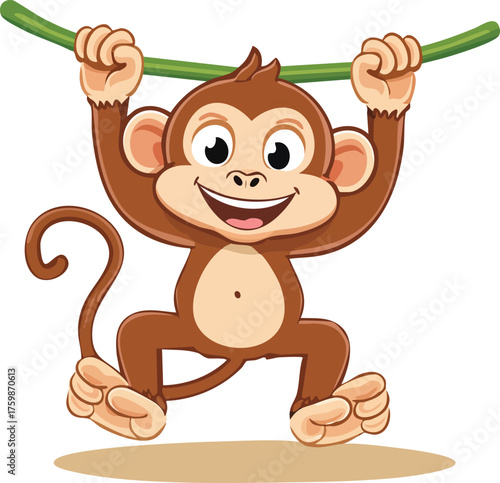 Energetic monkey mascot swinging from a vine with a big, happy smile. Playful jungle animal character in cartoon vector style. Transparent background EPS file. Perfect for children's games and enterta