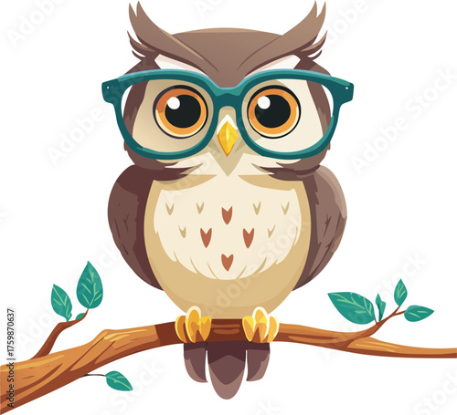 Smart and wise owl mascot wearing trendy glasses, perched on a branch. Cute cartoon vector illustration. Transparent background EPS file. Ideal for education, finance, tech startups, or knowledge-base