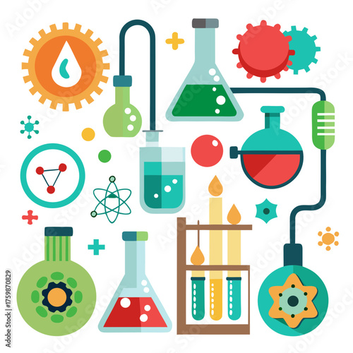 Vibrant scientific lab elements arranged in a playful, educational composition, perfect for science education materials and engaging learning experiences for students of all ages
