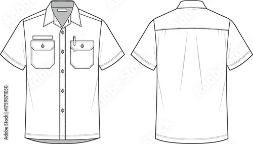 Men’s short sleeve shirt flat sketch, technical fashion drawing, button up shirt design, front and back view, apparel template illustration