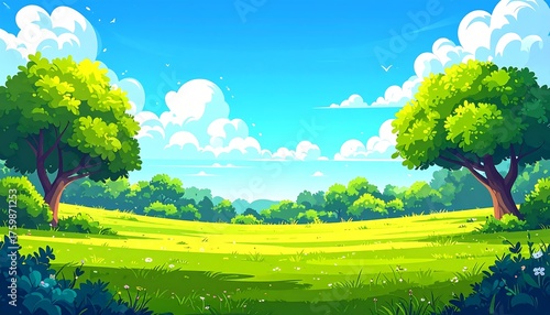 A vibrant cartoon landscape showcases a sunny day. Lush green grass and trees frame a bright, partly cloudy blue sky, creating a scenic view